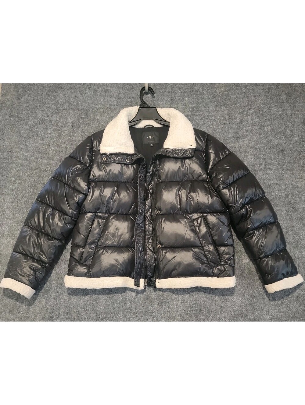 7 For All Mankind Thermal Puff Sherpa Trim Puffer Jacket Black Glossy Size L 451